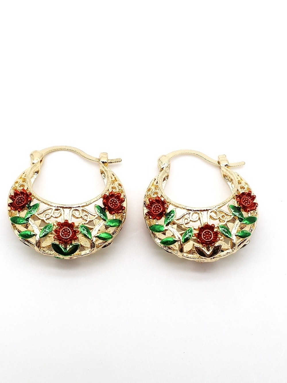 Gold Floral Hoop Earrings with Red and Green Enamel